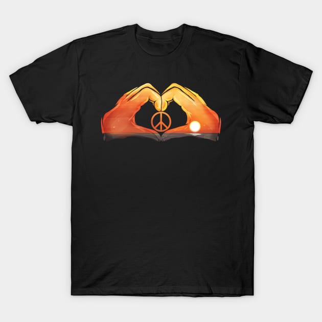 Two hands forming heart in sundowm at ocean peace T-Shirt by SinBle